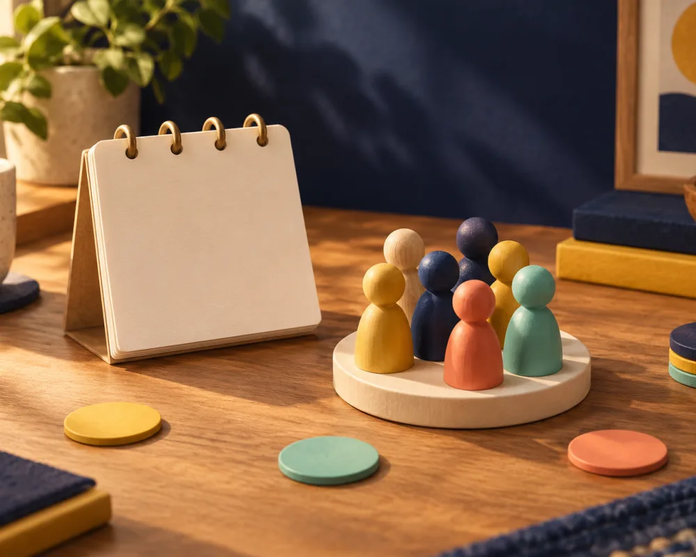 A blank desk calendar beside a round tile crowded with wooden figurines in morning light.