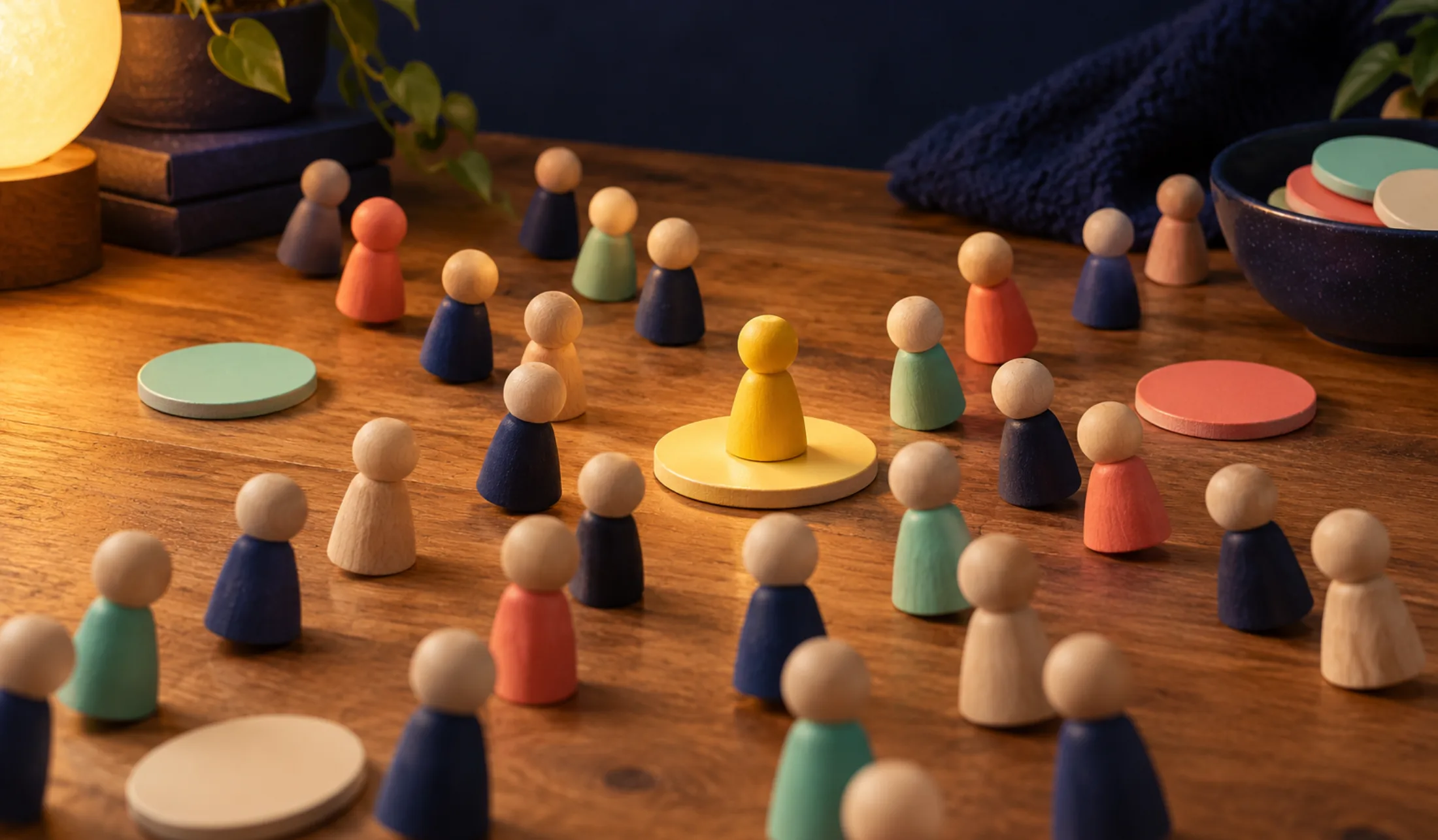 Wooden figurines stream across the table from every side toward the one tile where a raspberry figurine stands.